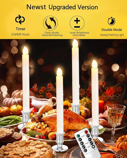 YAUNGEL Window Candles, 10 Pack LED Battery Operated Christmas Candles for Windows with Remote Electric Candle Lights with Removable Candle Holders Suction Cups for Christmas Decorations, Silver