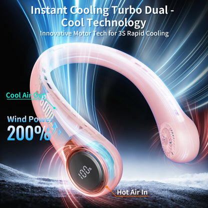 ZHZW Portable Neck Fan with 6000mAh USB - Rechargeable Battery, Ultra-Light Bladeless Neck Fan LED Display, 360° Cooling Wearable Fan, 3 Speeds (Pink)