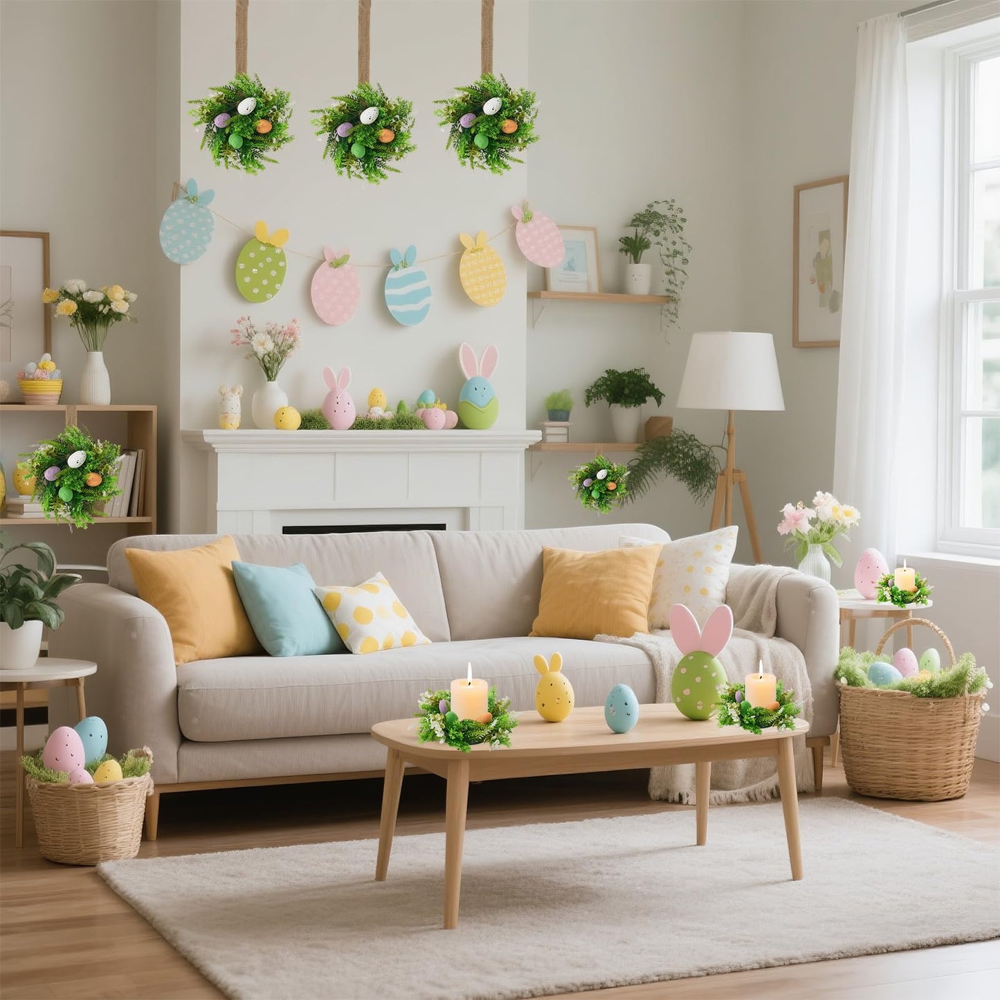 Easter Wreath 4Pcs, 11.8 Inch Easter Wreath with Ribbon, Artificial Egg Lily Green Plants Wreath, Hanging/Tabletop/Candle Ring Decor for Home Front Door, Porch, Wall, Window, Cabinets
