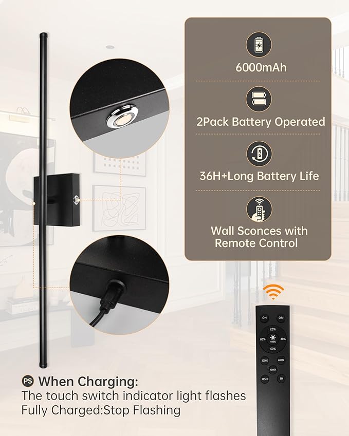 Battery Operated Wall Sconces with Remote Control, Dimmable Wall Sconces Set of Two, 3000K-6500K LED Wireless Picture Lights for Wall, Bedroom, Hallway, Living Room, 350°Rotate, 28.3 Inch(2 Pack)