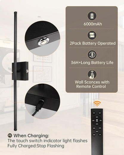 Battery Operated Wall Sconces with Remote Control, Dimmable Wall Sconces Set of Two, 3000K-6500K LED Wireless Picture Lights for Wall, Bedroom, Hallway, Living Room, 350°Rotate, 28.3 Inch(2 Pack)