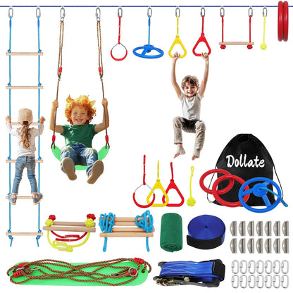 Dollate Ninja Warrior Obstacle Course for Kids - 65 FT, Outdoor Obstacle Course 13 Accessories, Swings, Monkey Bars, Arm Trainers - Suitable for Boys and Girls 3+ - 440 lbs Capacity