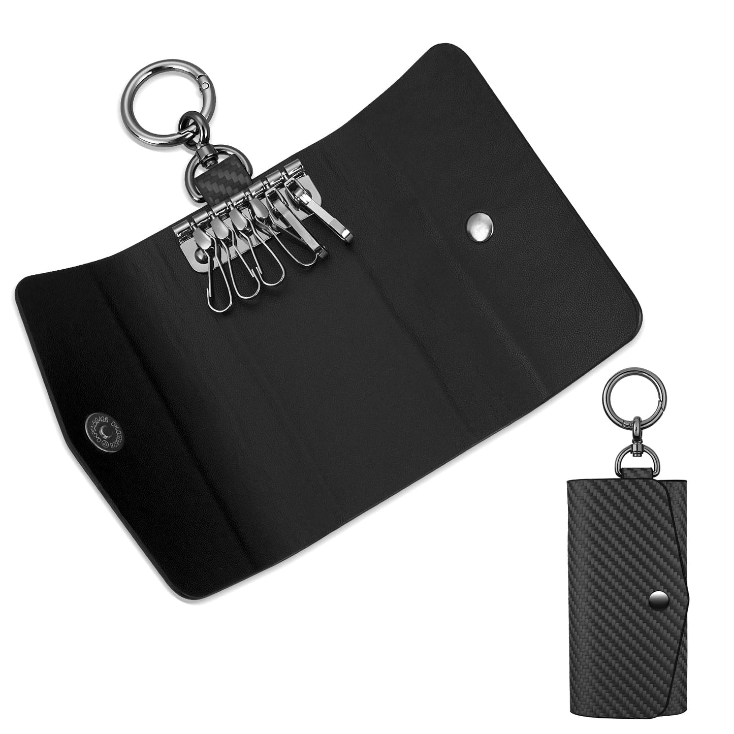 Leather Key Holder Wallet with 6 Hooks, Carbon Fiber Pattern Portable Keychain Pouch for Men, Women