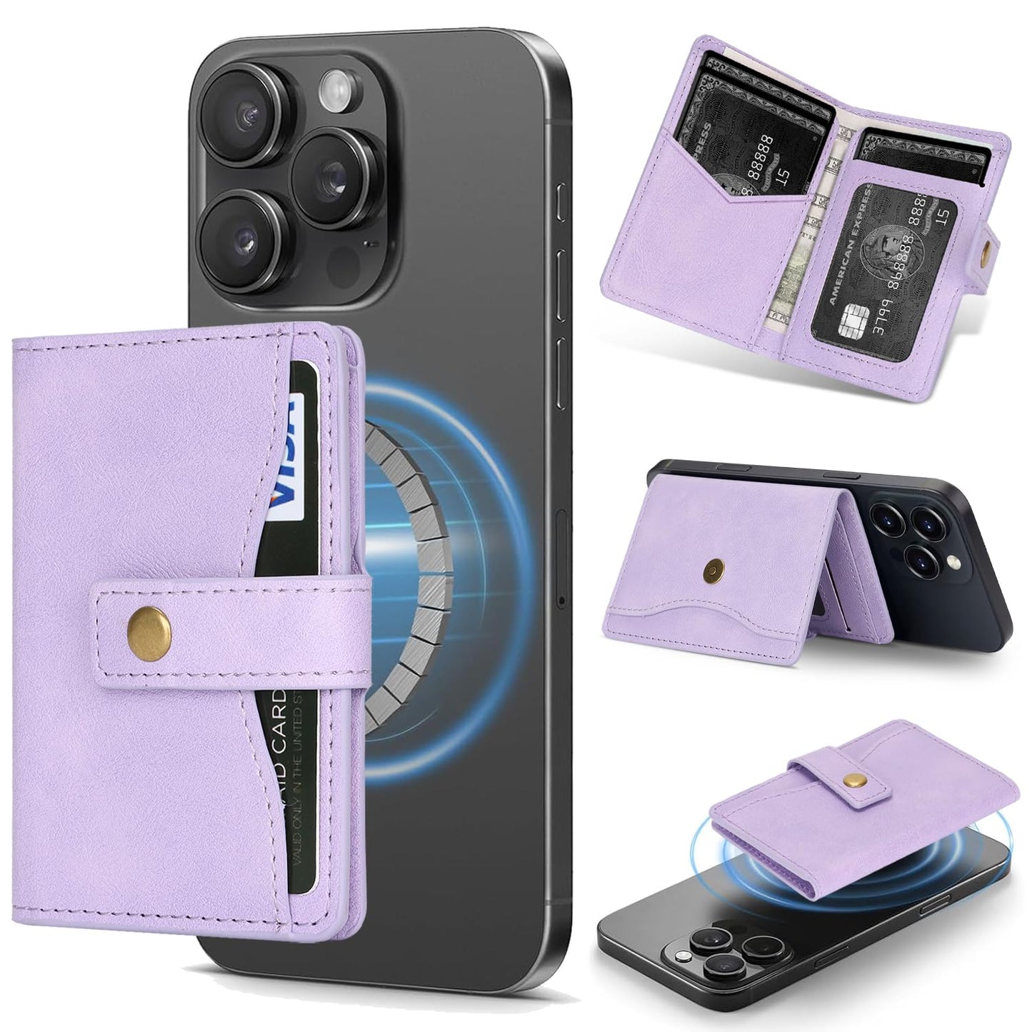 YNlinuofg Ultra-Thin Magnetic Wallet Card Holder for iPhone and All MagSafe Protective Cases，Premium PU leather, powerful magnetic closure, stand function, 6 card slots (Purple)