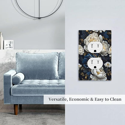 White Gold Blue Flower Light Switch Cover 1 Gang Outlet Plate Single Duplex Wall Plate Covers Decorative Switchplate Covers Electrical Faceplate for Home Decor