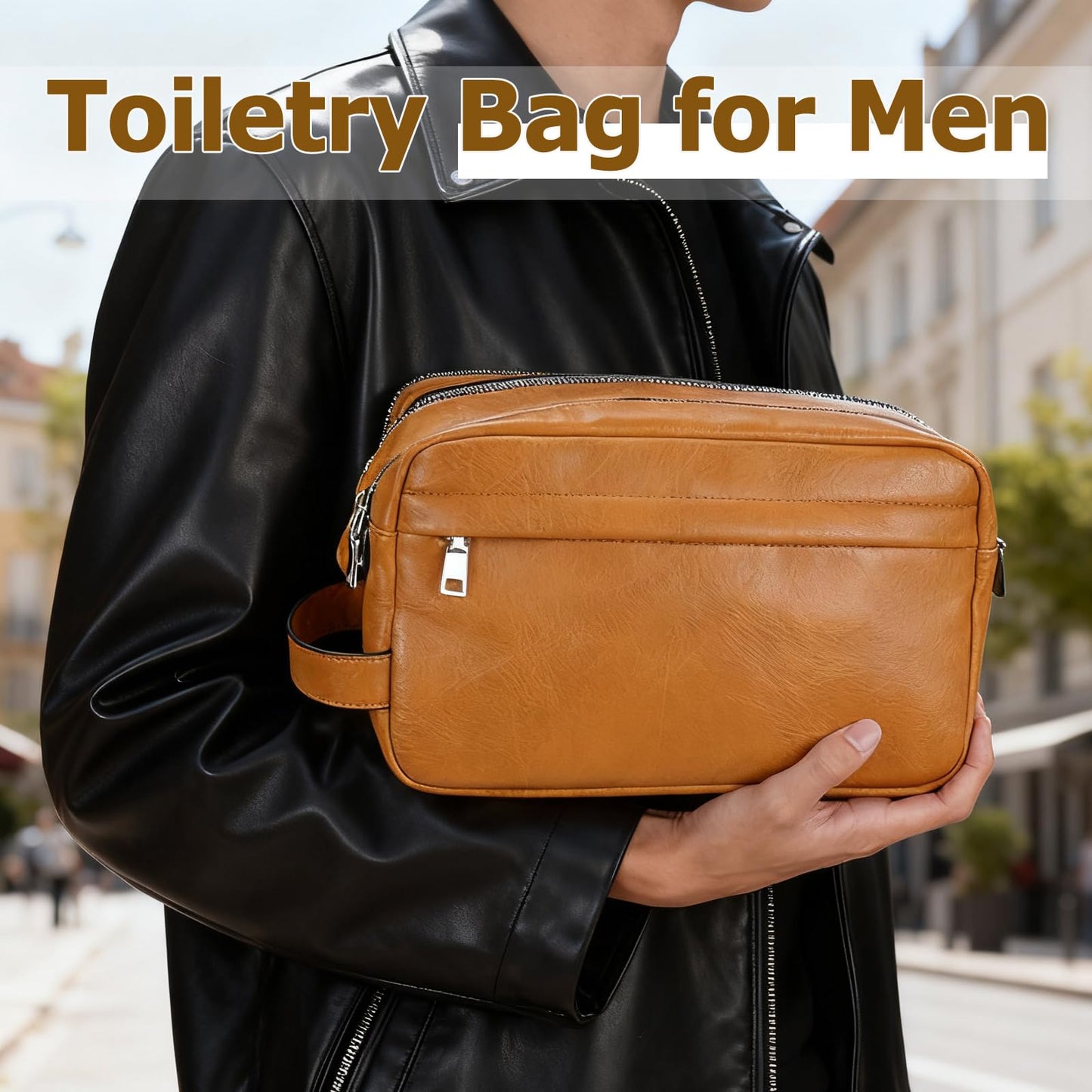 MIRASON Travel Toiletry Bag for Men Thickened Leather Travel Bag for Toiletries, Dopp Kit Water-resistant Shower Bag for Shaving Gym Bathroom Organizer Gifts for Men, Brown