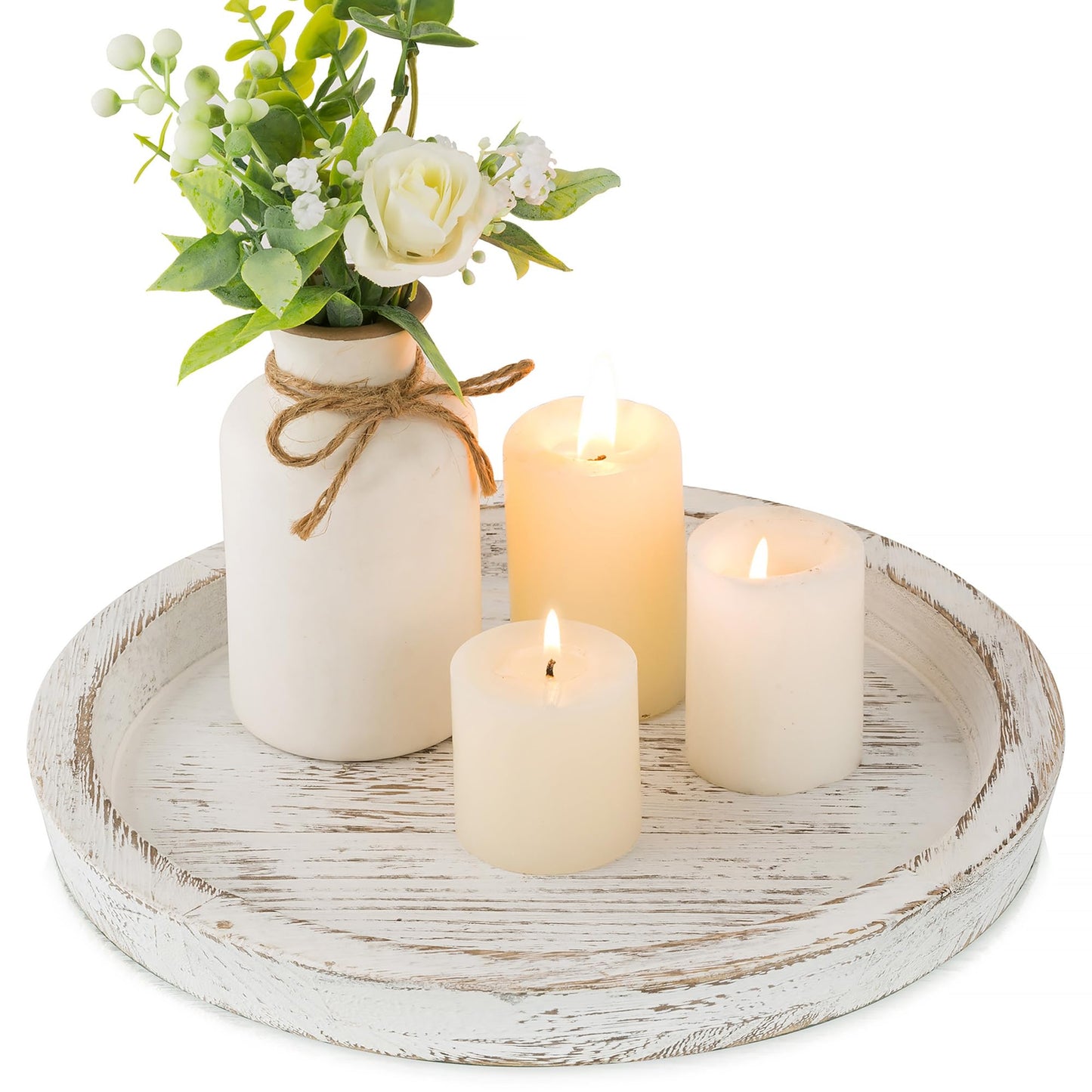 Hanobe Candle Plate Holder Tray: Round Wood Decorative Candle Plate - Rustic Farmhouse CoffeeTable Decor - Tealight Pillar Trays for Home Decor (White Rustic)