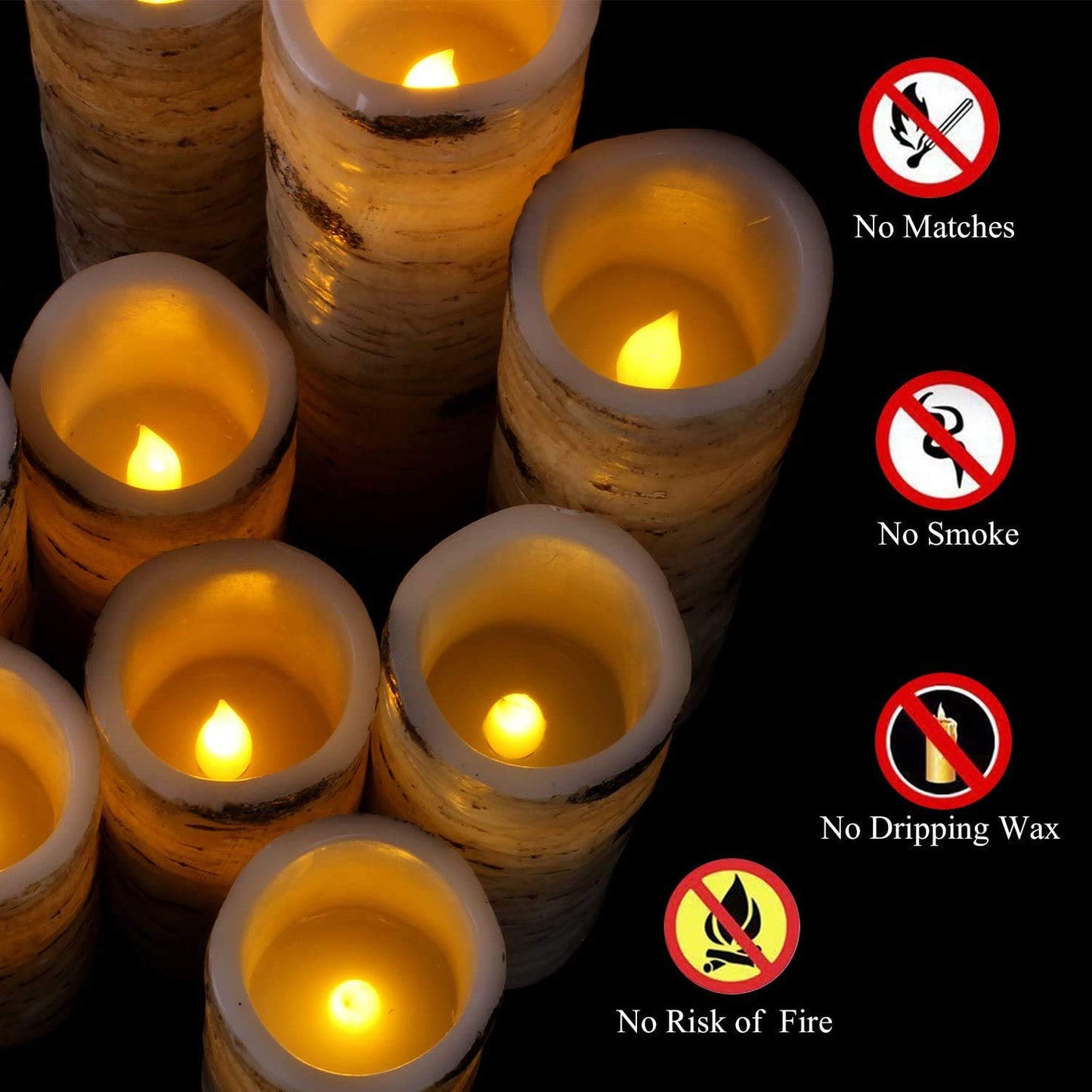 Enpornk Flameless Flickering LED Candles with Birch Bark Effect - Set of 9 Battery-Operated Real Wax Pillar with 10-Key Remote Control - 2/4/6/8 Hour Timer