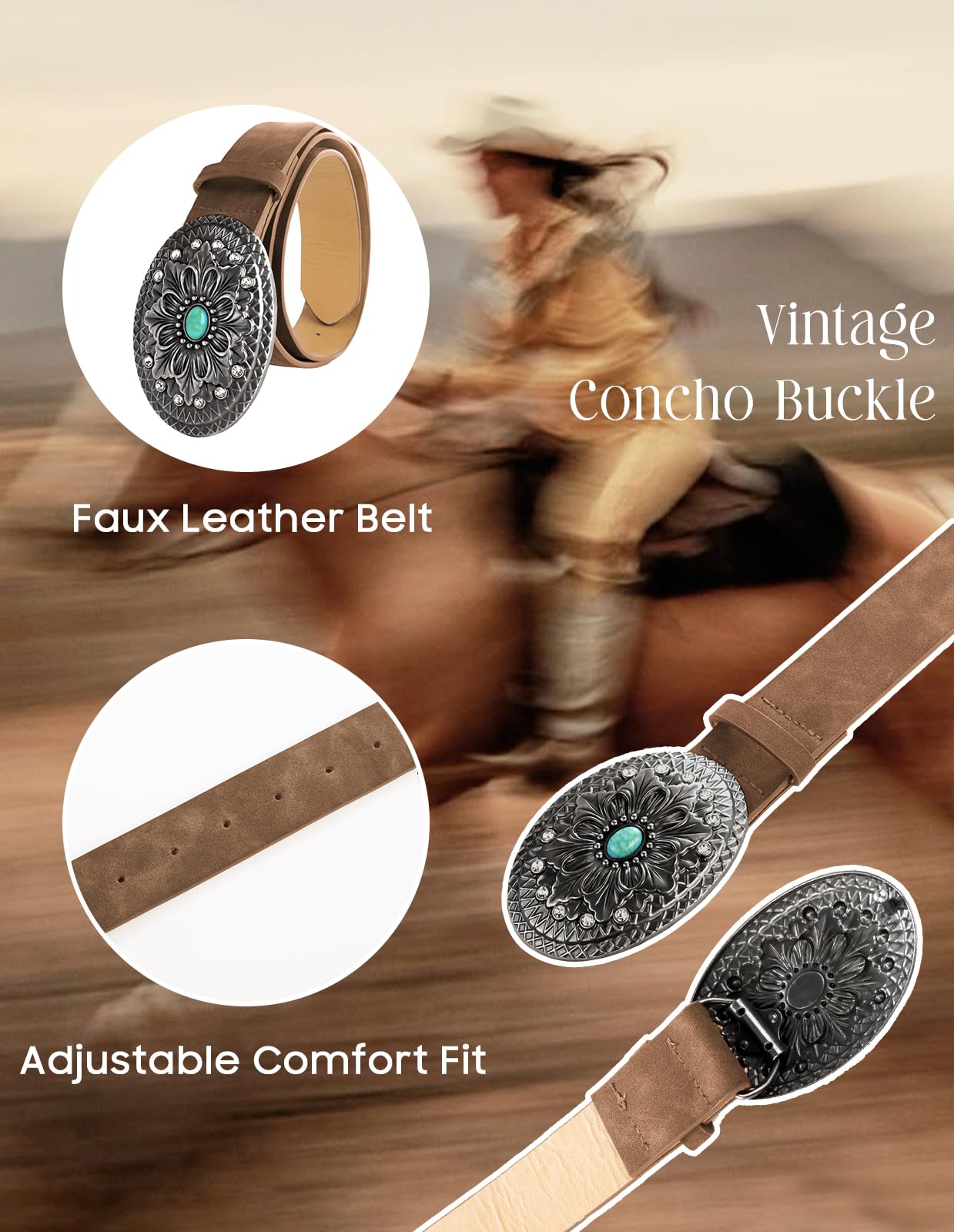 Scarlet Darkness Western Belt for Women Leather Cowgirl Belt with Turquoise Buckle Country Belts for Jeans Dresses