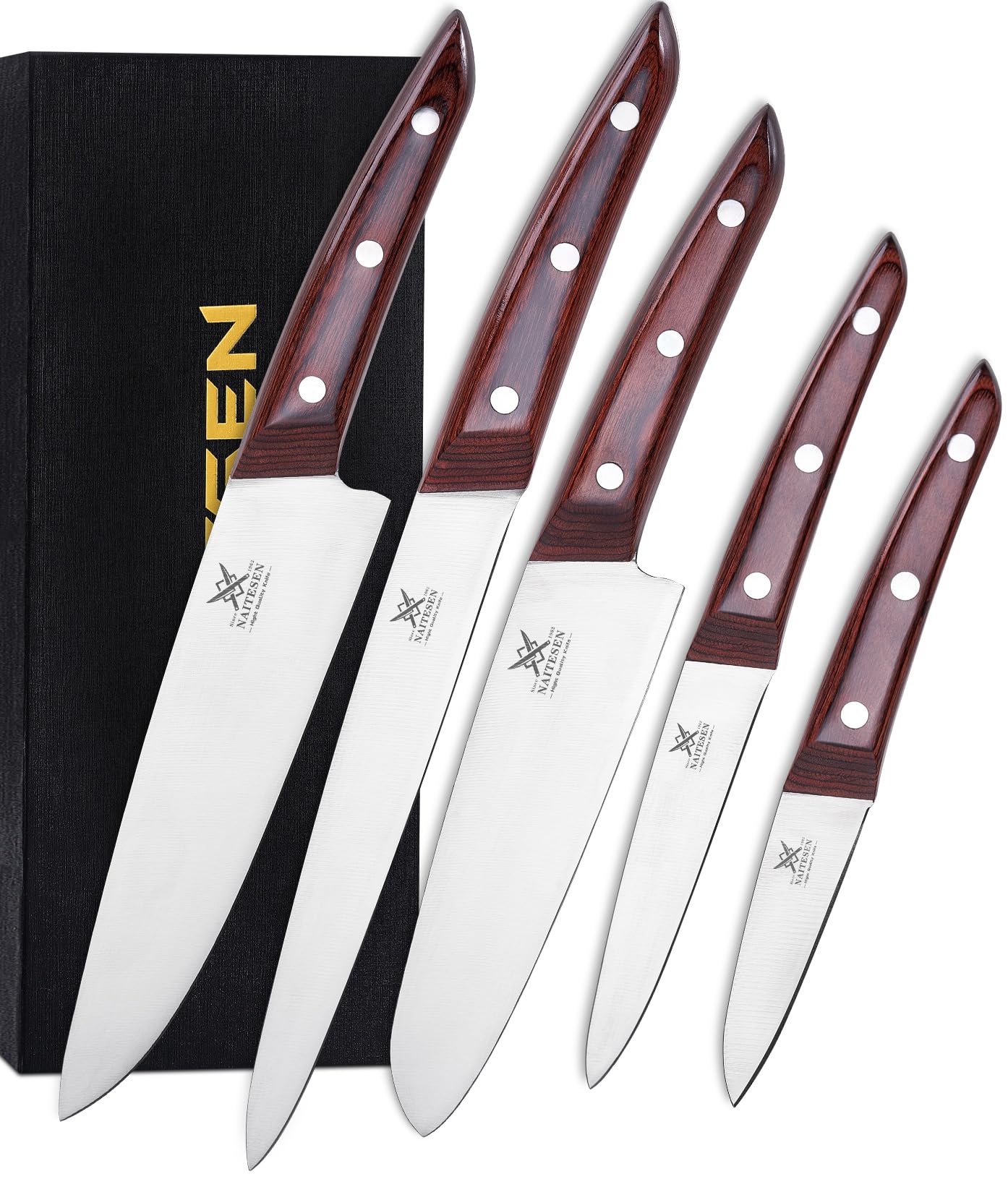 Naitesen 5PCS Professional Kitchen Chef Knife Set with Blade Guards, Wood Handle High Carbon Steel, Sharp for Meat Cutting Home Cooking Gifts for Men Women