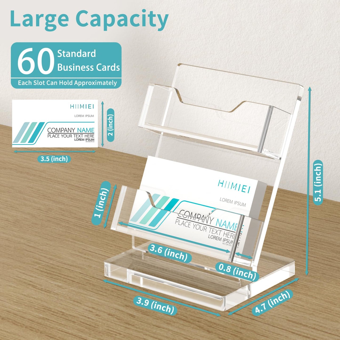 HIIMIEI Business Card Holder Desk, Acrylic Business Card Display, 2 Tier Clear Business Card Stand for Office, Exhibition, Meeting, Home, 120 Card Capacity