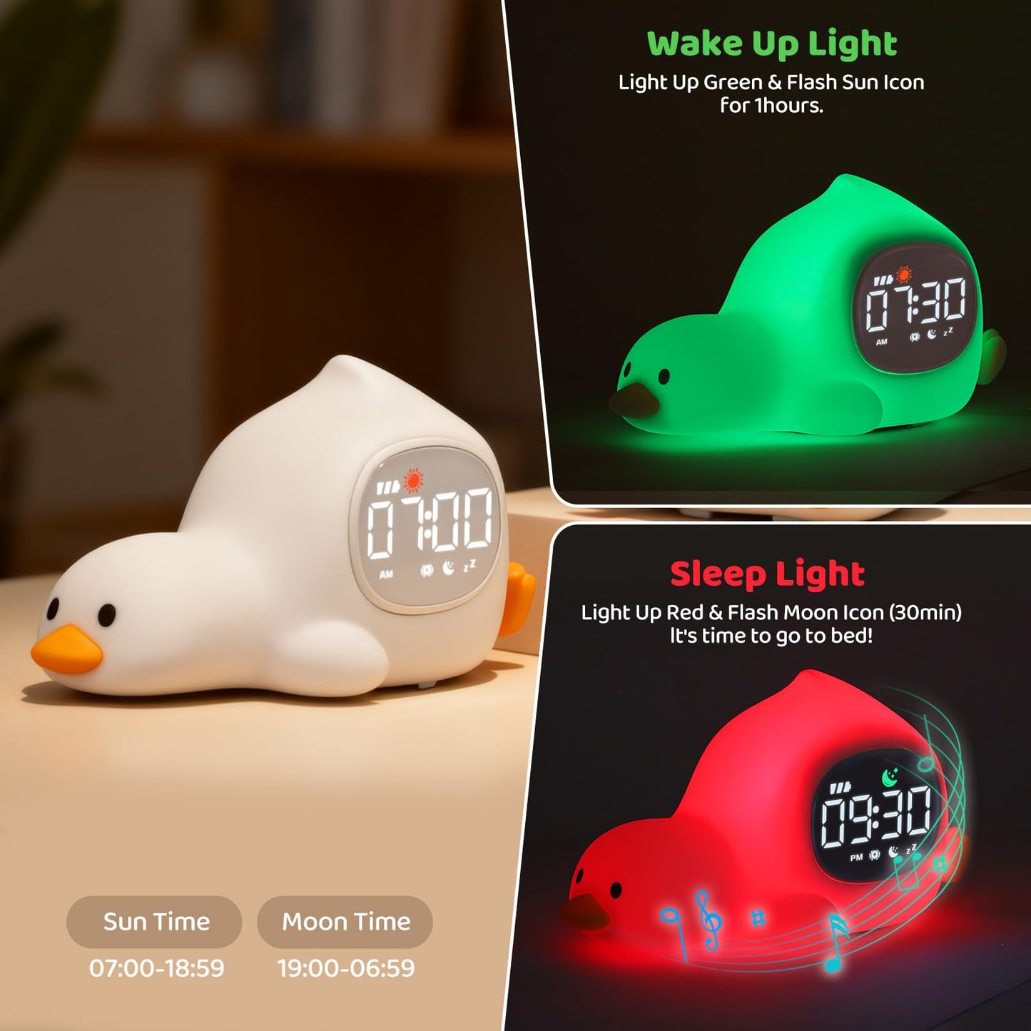 Laying Duck Alarm Clock with Night Light for Kids with Sleep Training and Sound Machine, Rechargeable Silicone Lamp OK to Wake Clock，Cute Animal Tabletop Lamp, Perfect Sleep Companion for Boys Girls