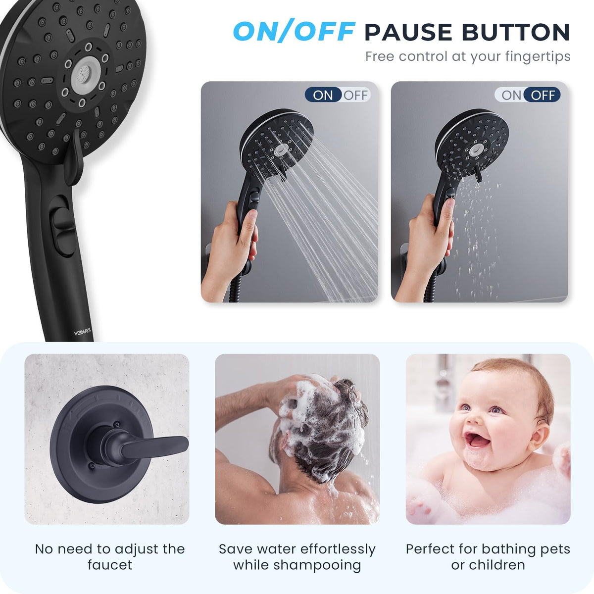 Ryamen Dual Shower Head Combo, 8'' High Pressure Rain Shower Head with Handheld Spray, 6+1 Spray Settings Handheld Showerhead, Height Adjustable, One-touch Pause Button, Matte Black