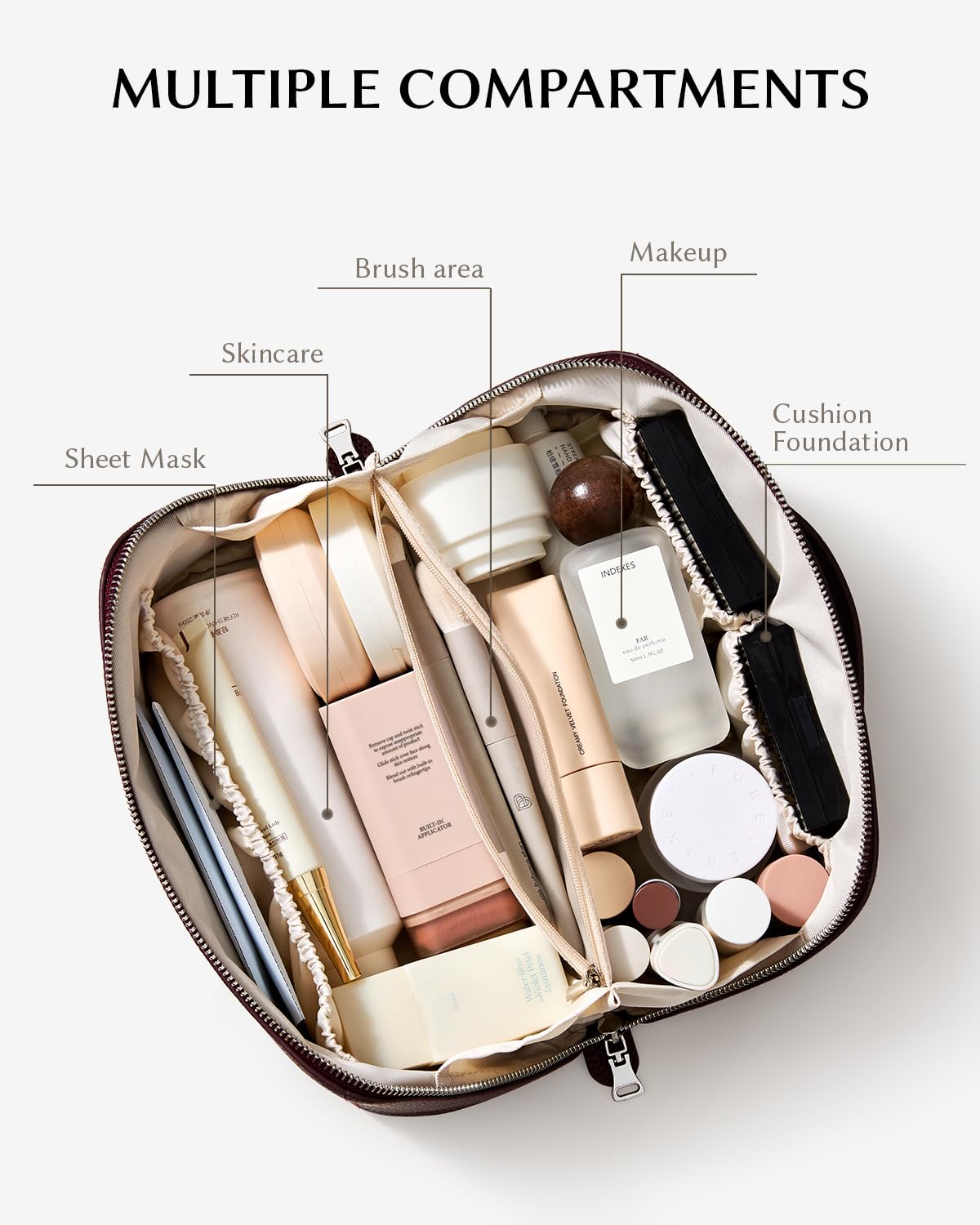 EACHY Travel Makeup Bag, Lychee Leather Large Capacity Cosmetic Bag for Women, Open Flat Toiletry Bag with TPU Brush Compartment, Waterproof Skincare Organizer Travel Essentials