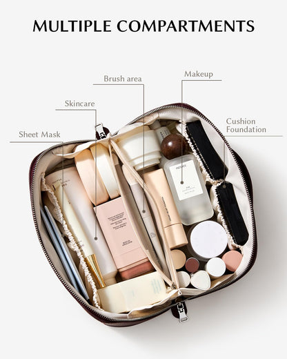 EACHY Travel Makeup Bag, Lychee Leather Large Capacity Cosmetic Bag for Women, Open Flat Toiletry Bag with TPU Brush Compartment, Waterproof Skincare Organizer Travel Essentials