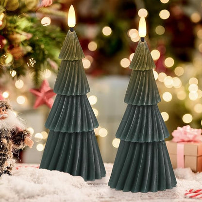 Christmas Tree Spiral Skirt-Shaped Flameless Candles with 6H Timer, 2 Pcs Battery Operated LED Pillar Candle with Flickering 3D Wick, Green Candles for Home Décor