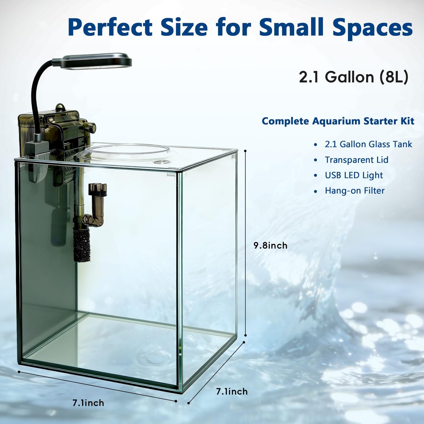 Turchongeco 2.1 Gallon Nano Aquarium Kit with Lid, Space Saving Hang-On Filter and LED Light, Ultra-Clear Rimless Glass Desktop Fish Tank for Small Fish, Shrimp, and Betta