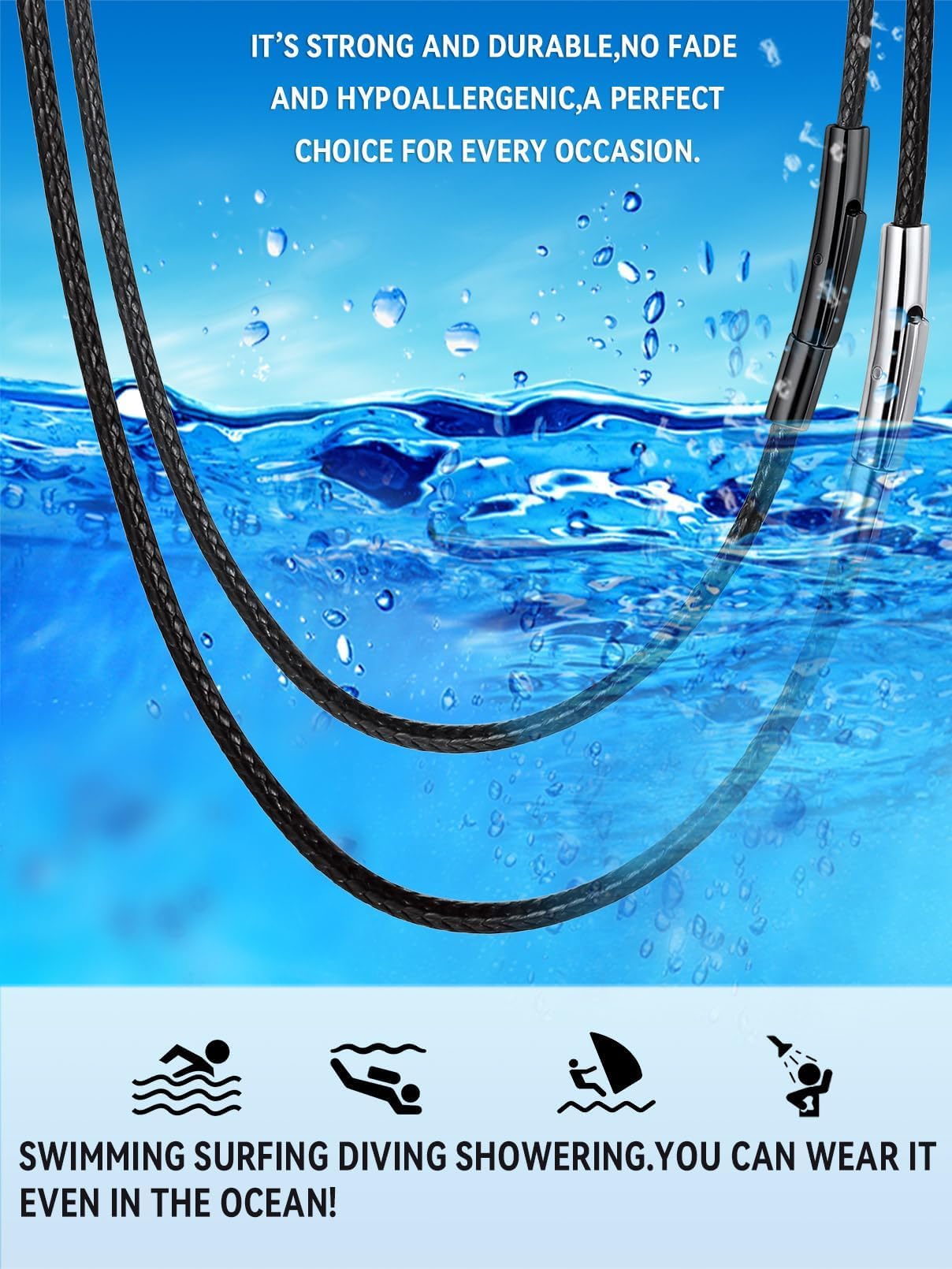 FaithHeart Waterproof Braided Leather Cord Chain Necklace Mens Wax Rope Chains for Pendant with Stainless Steel Clasp