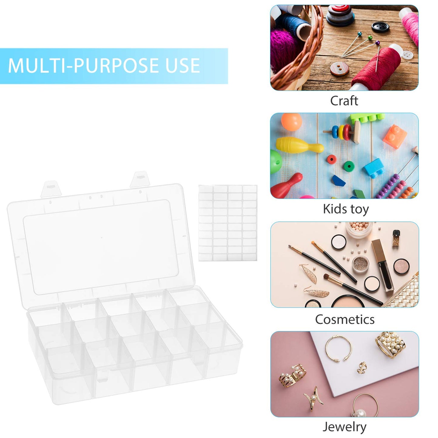 Umirokin 2 Pack 15 Grids Clear Plastic Organizer Box with Adjustable Dividers, Craft Storage Containers for Jewelry, Beads, Screws, Tackle Box, Washi Tapes, Small Parts Organizer for Arts and Crafts