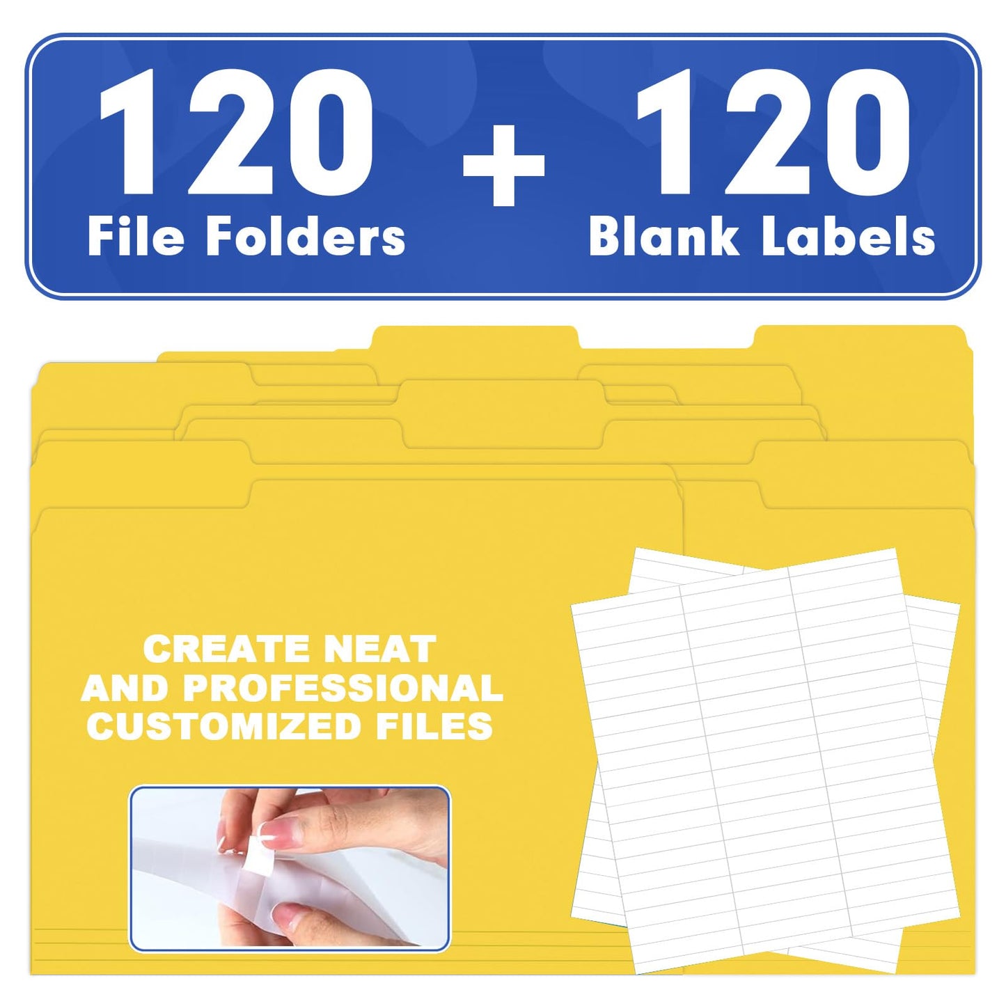 File Folder, HERKKA 120 Pack 1/3 Cut Tab File Folders, File Folders Great for Organizing and Filing, Letter Size, Yellow