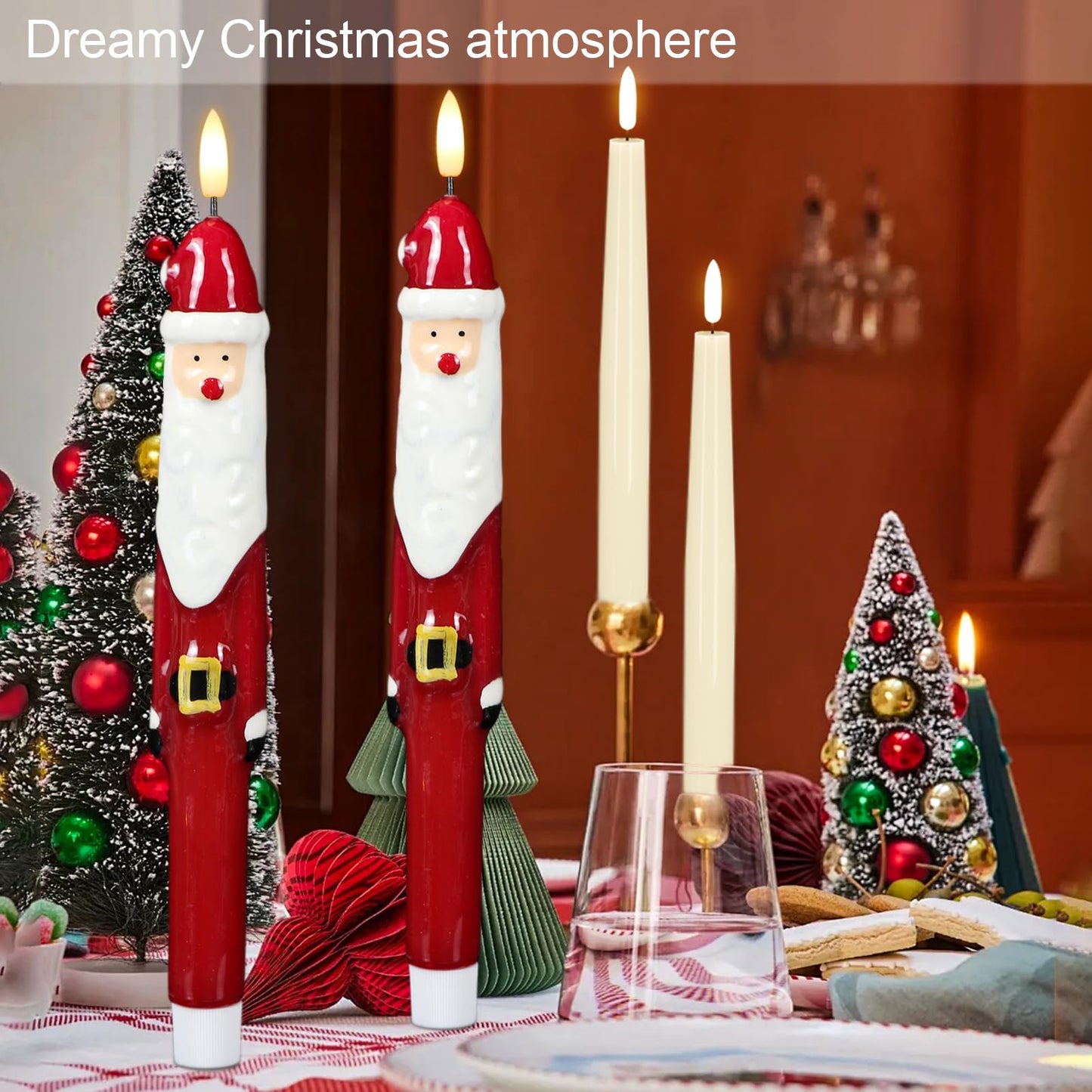 Lasumora Christmas Flameless Taper Candles with 6H Timer, 2 Pcs Hand-Painted Santa Claus Sculpture Shape LED Candlesticks with 3D Flickering Flame for Home Décor Christmas Gifts