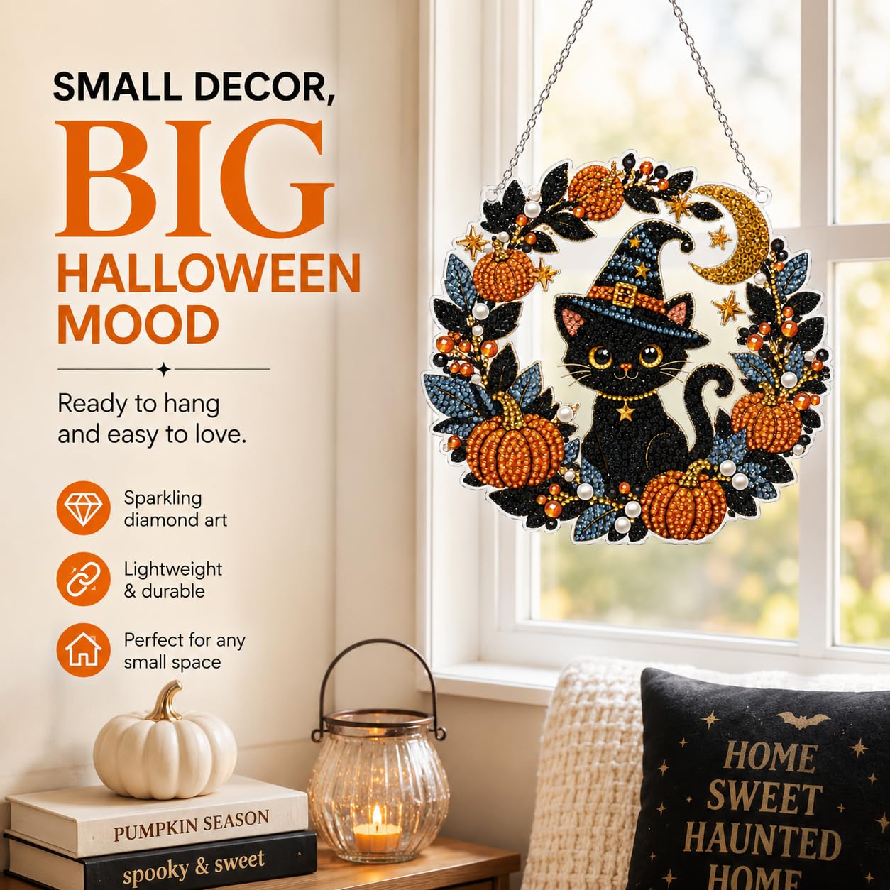 DIY Diamond Art Painting Wreath Kits，Special Shaped Rhinestone Hanging Ornament Diamond Art Window Pendants for Gift Home Garden Wall Hanging Kits,Double Sided (Halloween Black Cat)