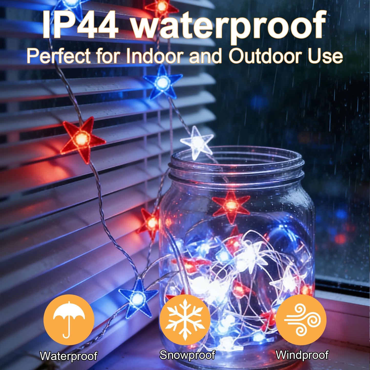 TWINGLEHOME 50 LED Patriotic String Lights Star 16FT (5M) with Copper Wire, Waterproof Battery Box, Multifunctional Modes Lighting (Red, Cool White, Blue) for Nation Day