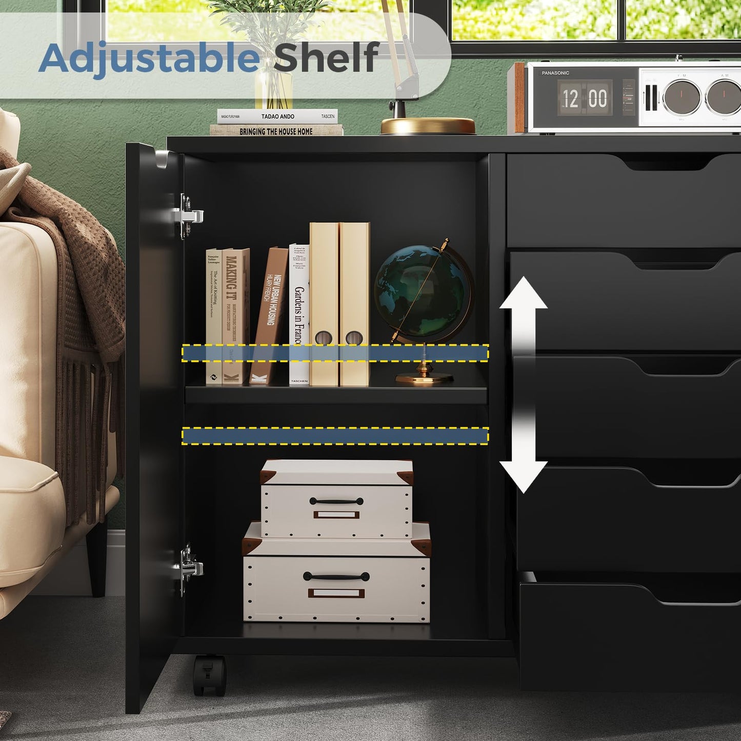 DUMOS 5 Drawer File Cabinet Office Drawers Organizer with Wheels Rolliing, Under Desk Cabinets with Shelves and Door Printer Stand with Wood Board Metal Frame for Home Office Storage Craft Room, Black