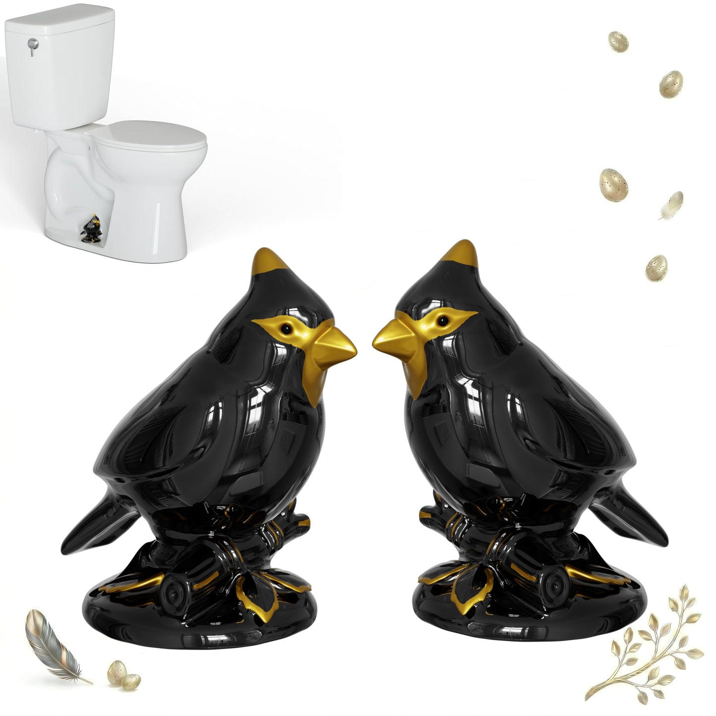Cardinal Bird Toilet Bolt Covers, 2 Pcs Matte Black Ceramic Toilet Screw Cover Caps with White Floor Bolt Caps & Washers, Gothic Bathroom Decor