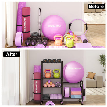 6-Tier Home Gym Storage Rack with Wheels, Dumbbell Weight Rack and Yoga Mat Organizer, Multi-Purpose Gym Equipment Storage Stand for Home Gym Accessories