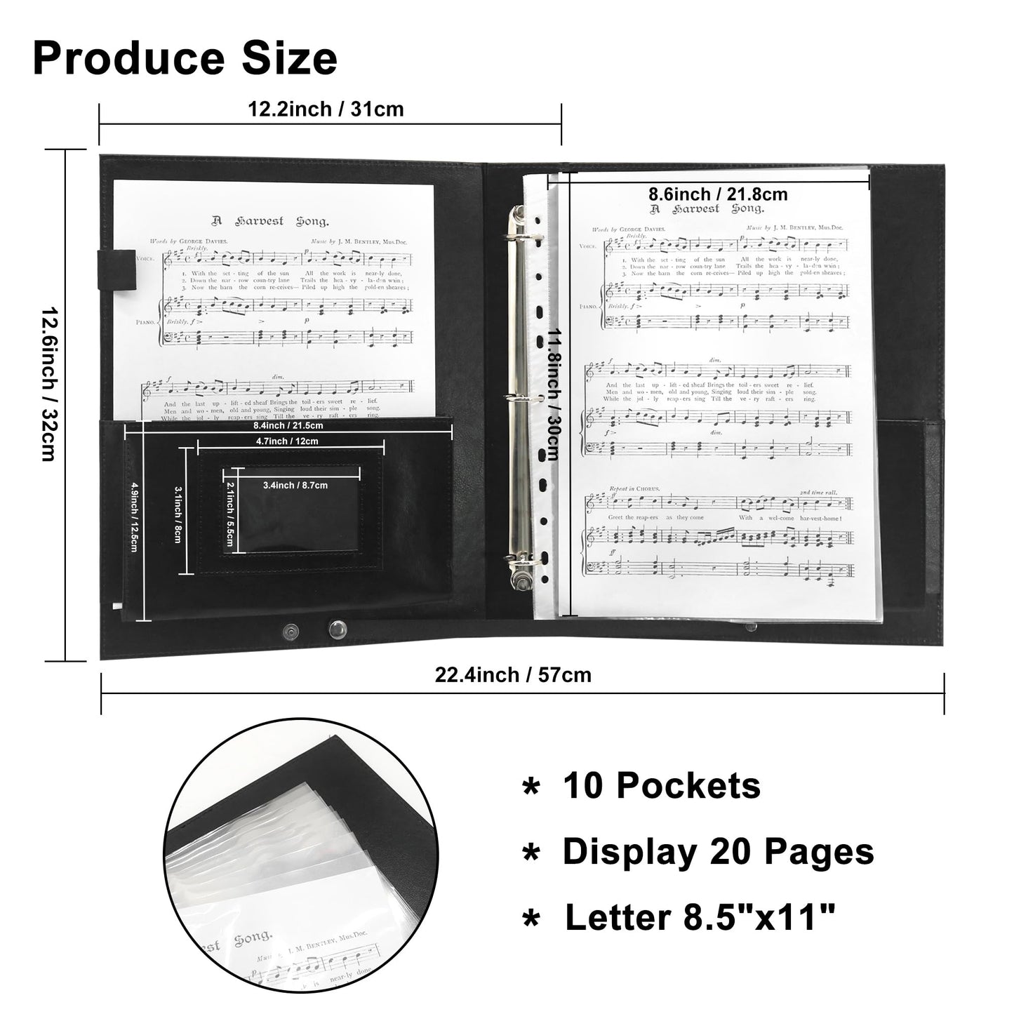 GraduatePro Large Capacity Sheet Music Folder with Hand Strap, 3 Rings Binder with Elastic Band for Choir and Performance, 10 Pockets for Sheets 8.5 * 11/A4