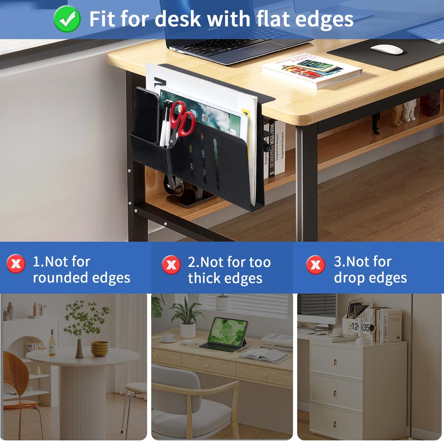 LUKETURE Laptop Holder, Steel Desk Side Storage, No Drill Standing Desk Accessories, Laptop Mount with Pen Holder, Back to School Supplies, Fits Flat Edge Tables 0.3" to 2.8" (Black, M(1 Tier))