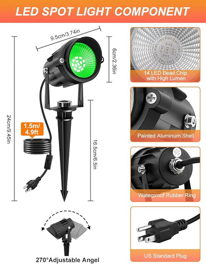 Christmas Green Spotlight Outdoor, 14 LED Landscape Lighting with US Plug, IP65 Waterproof Spotlights for Tree Yard Garden Pathway Halloween St. Patrick's Day Decor 4 Pack