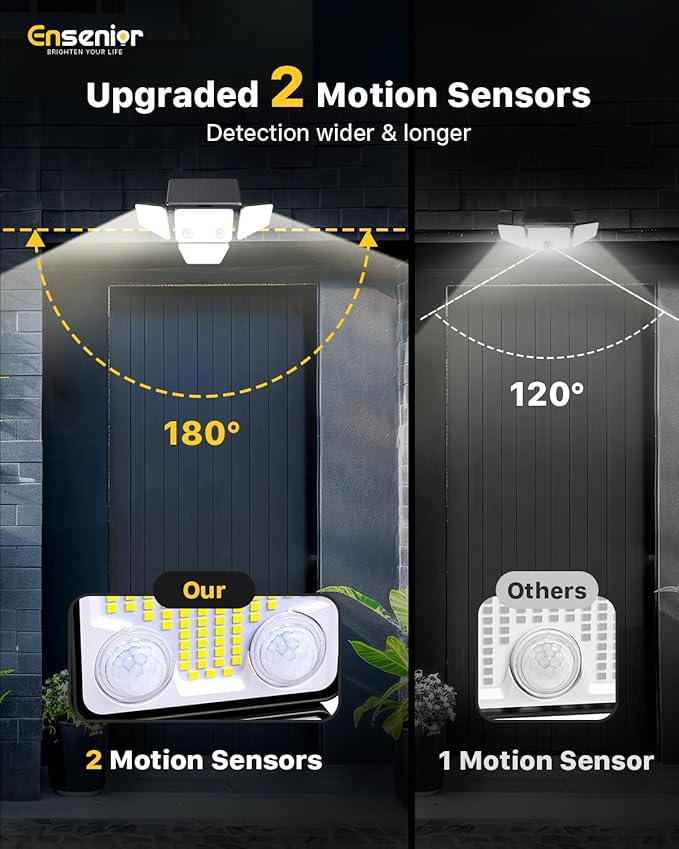 Ensenior Solar Lights Outdoor, IP65 Waterproof Motion Sensor Outdoor Light with Remote Control, 279 LED 4 Heads Solar Security Light with 4 Mode, 270° Wide Angle Solar Flood Light for Outside, 3 Packs