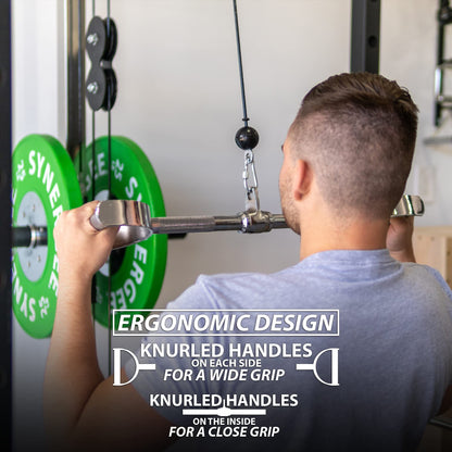 Synergee Pro-Style Lat Bar Cable Attachment. Universal Attachment for Cable Machines. Pull Down/Press Down Bar Accessory. Available Sizes 24”, 34” and 38”