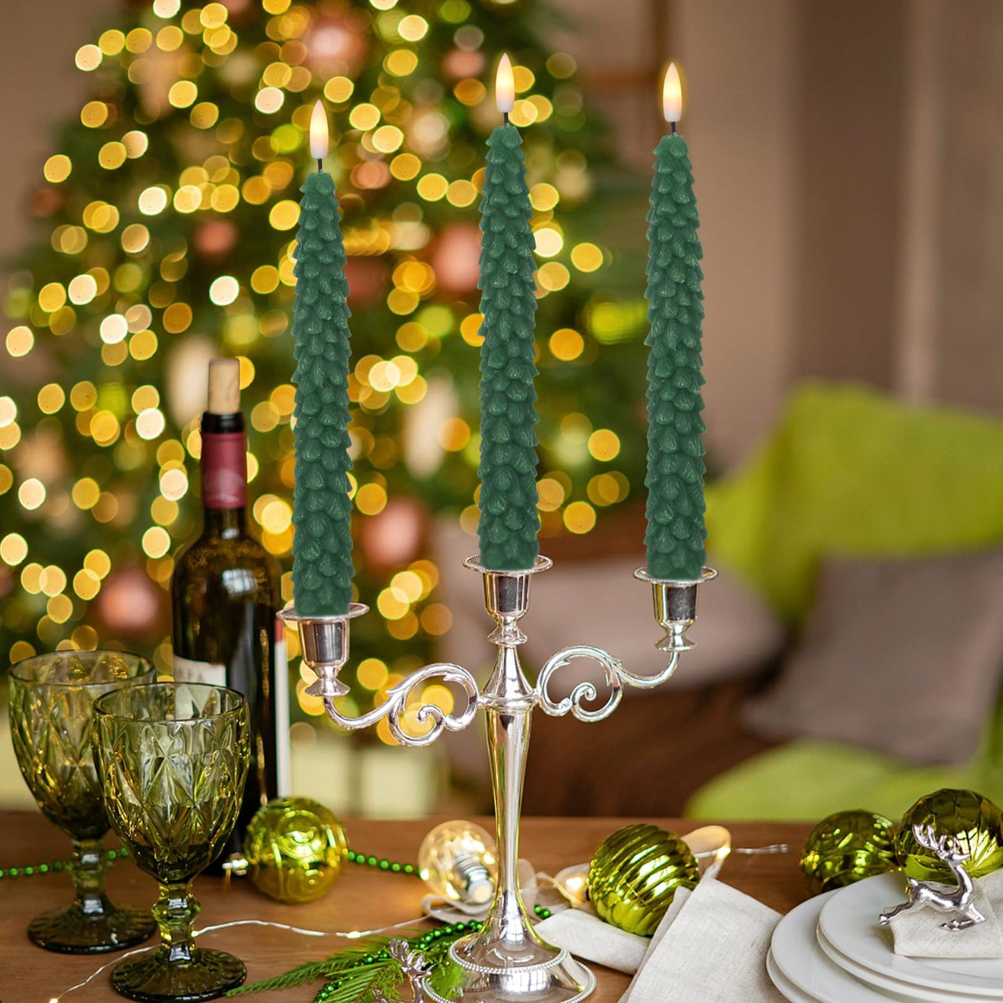 KunSwenn Christmas Tree Candles Battery Operated, 4 Pack Christmas Taper Candles with Remote Timer, Green Real Wax LED Flameless Candlesticks for Home Window Fireplace Holiday Decor(0.78” x 9.64”)