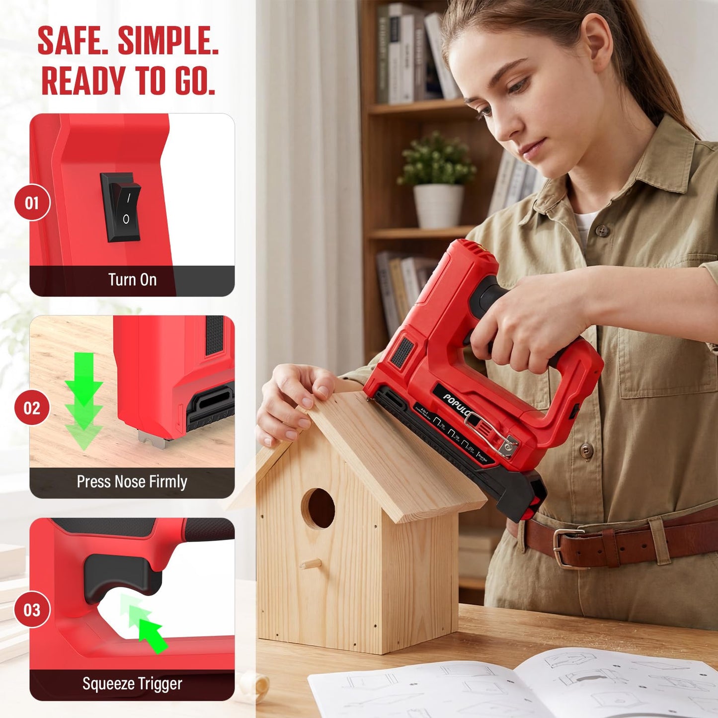 POPULO Electric Staple Gun 4 in 1 Cordless Stapler, 4V Rechargeable Band Nailer, Nail Gun Battery Powered with 2,000 Staples and Nails, Power Tacker Staple Gun for Wood, Upholstery, DIY