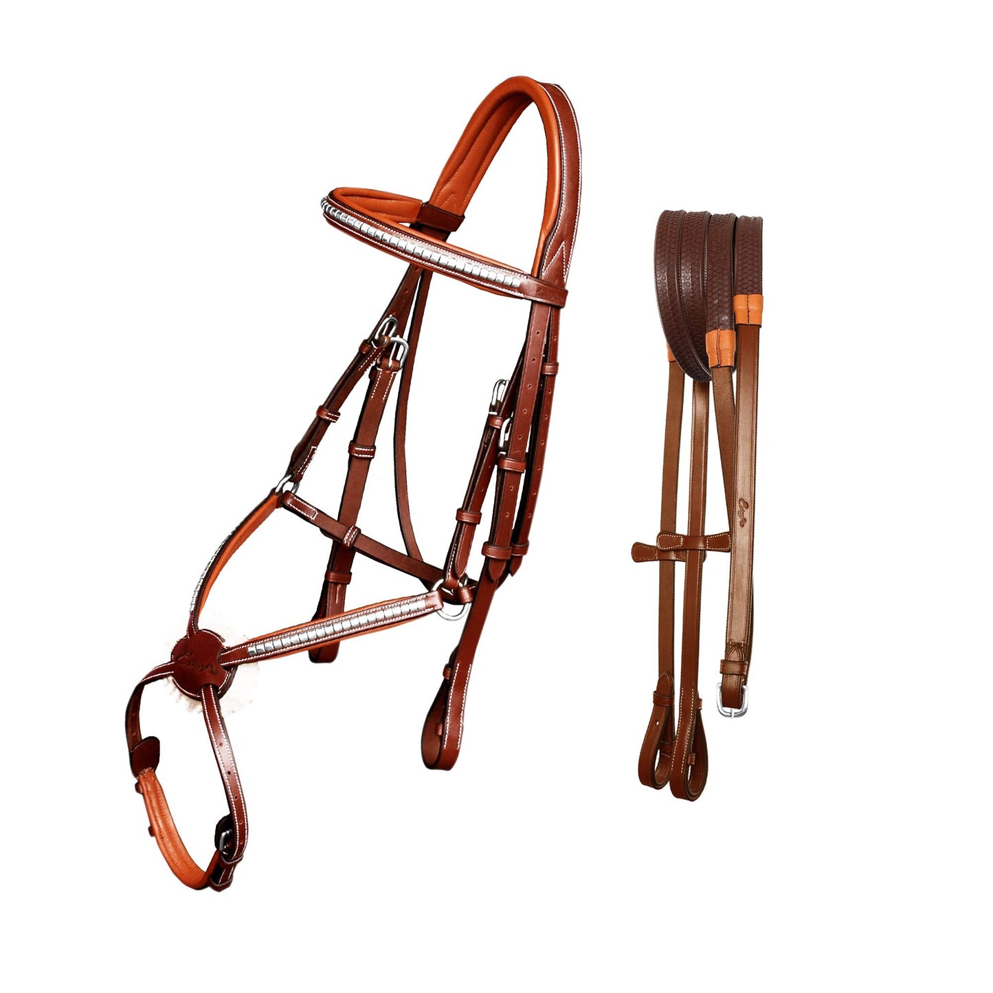 Exion Premium English Leather Bridle for Horses | Silver Clincher Browband & Noseband | Soft Padded Crown Piece Figure 8 Bridle | Adjustable Fit | Non-Slip Rubber Reins | Polished SS Buckles