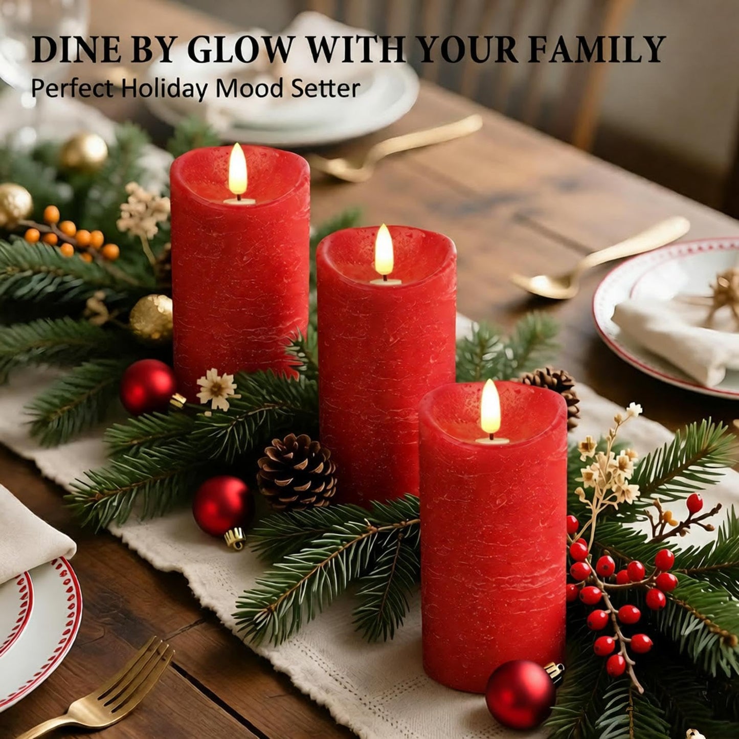 Flameless Candles, Battery Operated Led Lights Candle 3 Pack, Christmas Decorations Home Decor, Flickering Light White Pillar Candles with Real Wax Remote Control Timer. 3x3, 3x4, 3x5 inches, Red