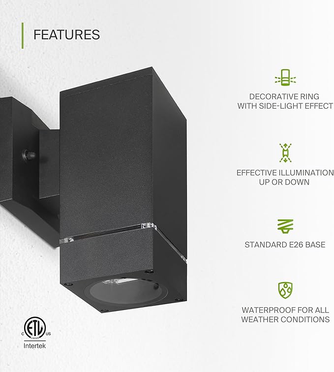 ASD 1 Light Square Outdoor Wall Light Fixture | 60W E26 Bulb Socket 120V ETL Cylinder Up Down Lights | LED/CFL/Incandescent Bulb Exterior Wall Sconce | Front Door, Porch Patio | Ringed Black, 2 Pack