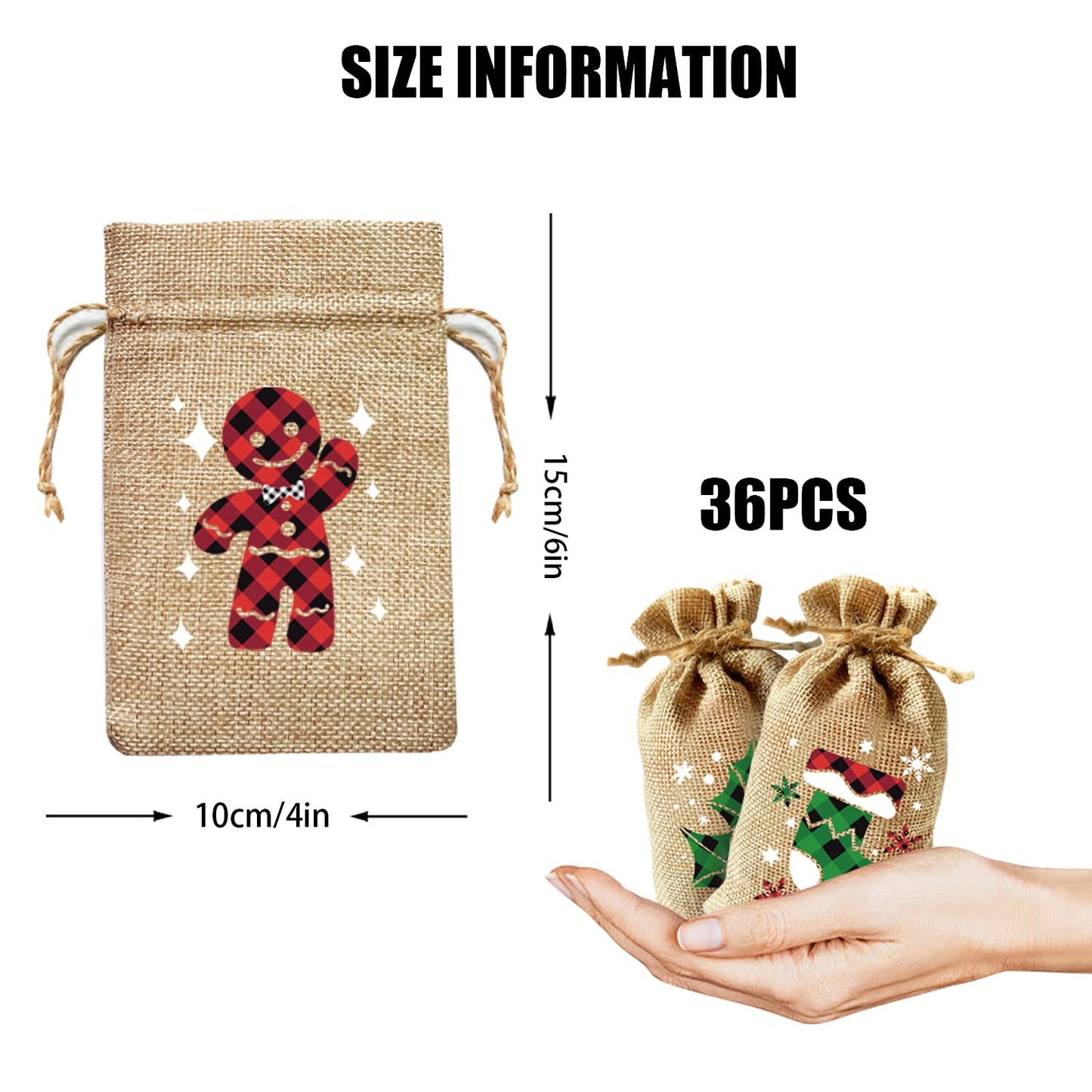 CCINEE 36pcs Christmas Burlap Bags, 4×6 Inch Drawstrings Christmas Linen Goody Gift Candy Bags with Double Jute Drawstrings for Candy Wrapper Xmas Party Favors