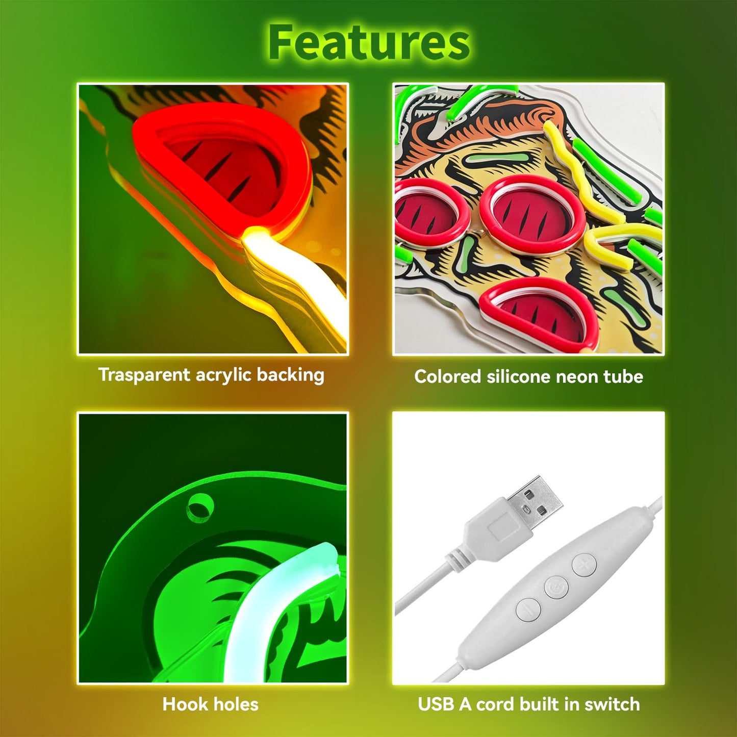 Pizza Neon Sign for Wall Decor Dimmable Pizza LED Neon Light USB Powered LED Wall Art for Kitchen, Dining Room, Bar, Man Cave, Unique Home Decor and Gift for Pizza Lovers