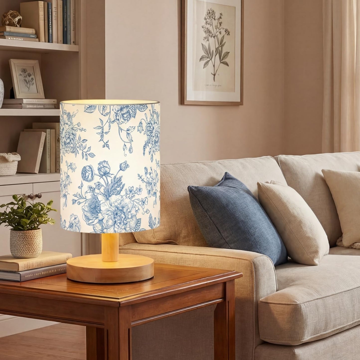 VIHOSE Blue Floral Kids Table Lamp for Bedroom Kids Bedside Lamp with Linen Wooden Nightstand Cartoon Nursery Lampshade for Girls Boys Living Room