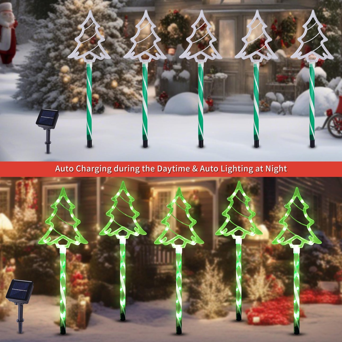 Christmas Solar Pathway Lights Outdoor Decorations, 8 Modes Xmas Tree Candy Lights Waterproof Led Garden Stake Light for Walkway Yard Lawn Porch Holiday Decor (Green Tube Tree, 5 Pack)