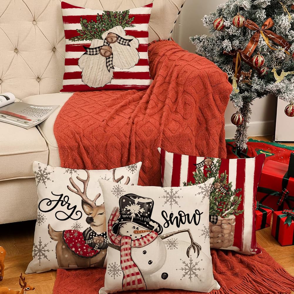RABUSOFA Christmas Pillow Covers 18x18 Inch Set of 4 Indoor Outdoor Waterproof Snowman Reindeer Gloves Eucalyptus Winter Holiday Stripes Cushion Case Christmas Decoration for Couch Red