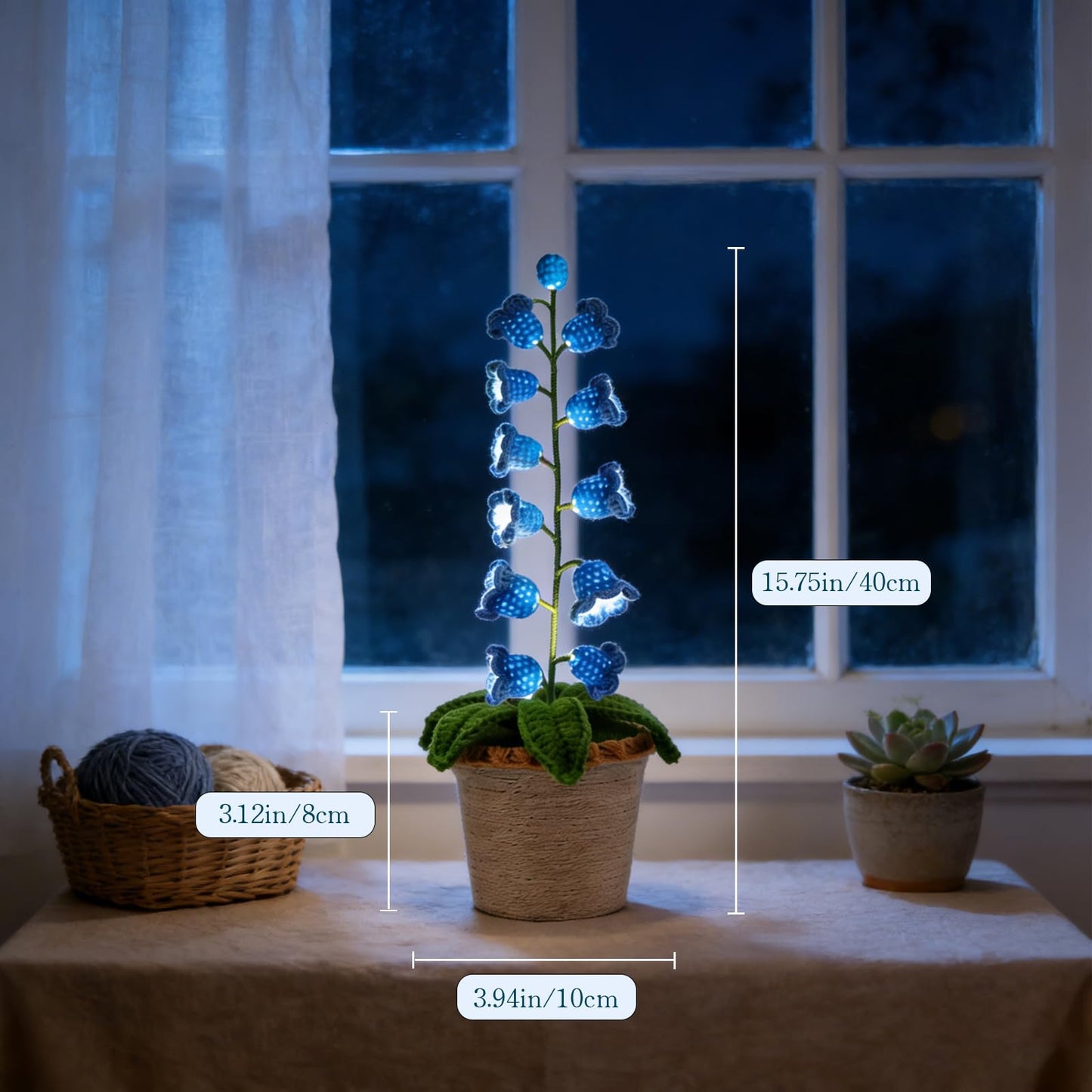 AVEKI Lily of Valley Lamp, Handmade Crochet Artificial Flower Lamp with Warm Light, Cute Desk Lamp for Bedroom, Battery Power Decor LED Night Light, Gift for Mom Daughter Girlfriend (Warm) (Blue)