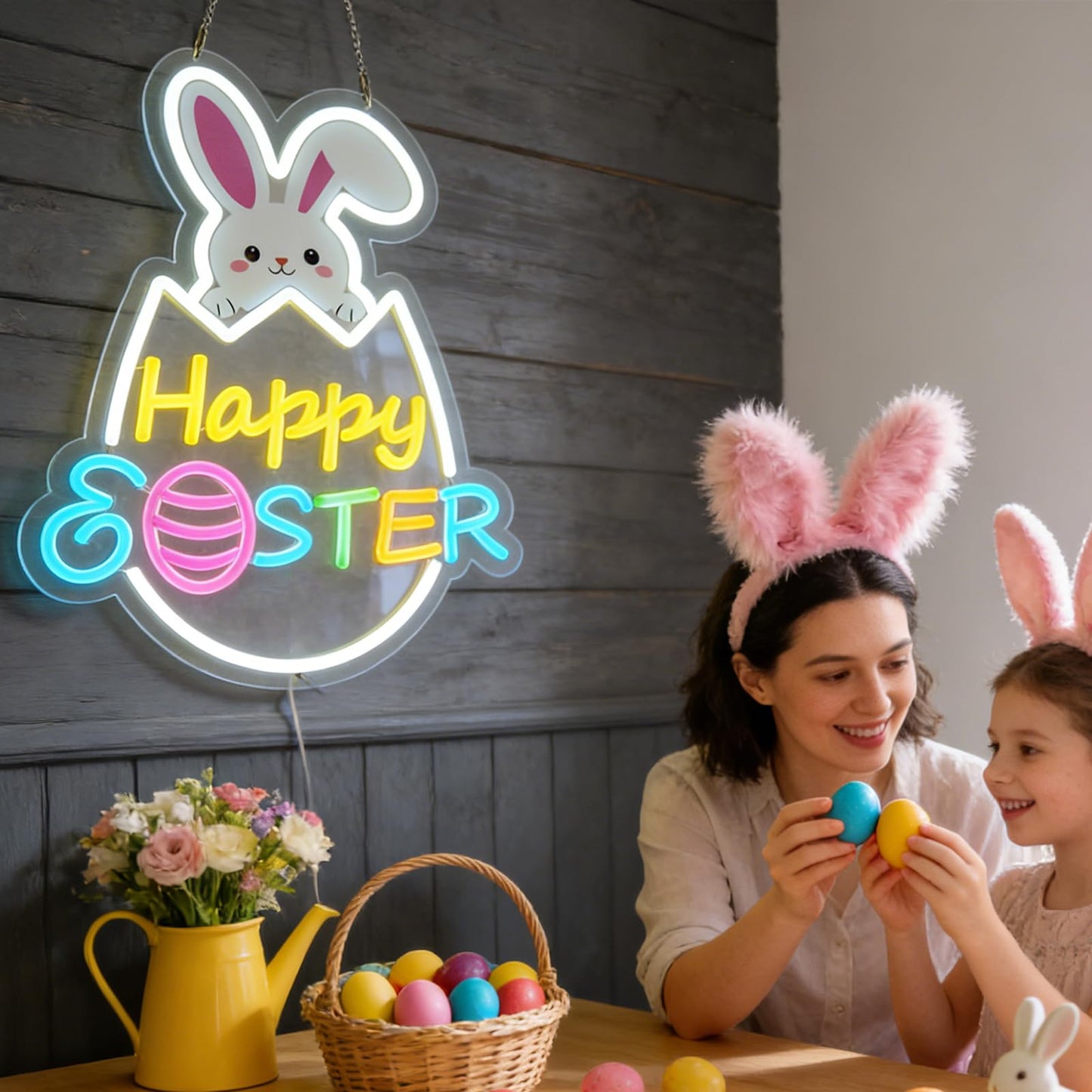 RumonZS Easter Decorations LED Neon Sign 15 In Happy Easter Neon Sign LED Rabbit Egg Window Lights Home Party Indoor Outdoor Wall Bunny Decor Light Up Sign for Bedroom Easter Birthday Party Decor
