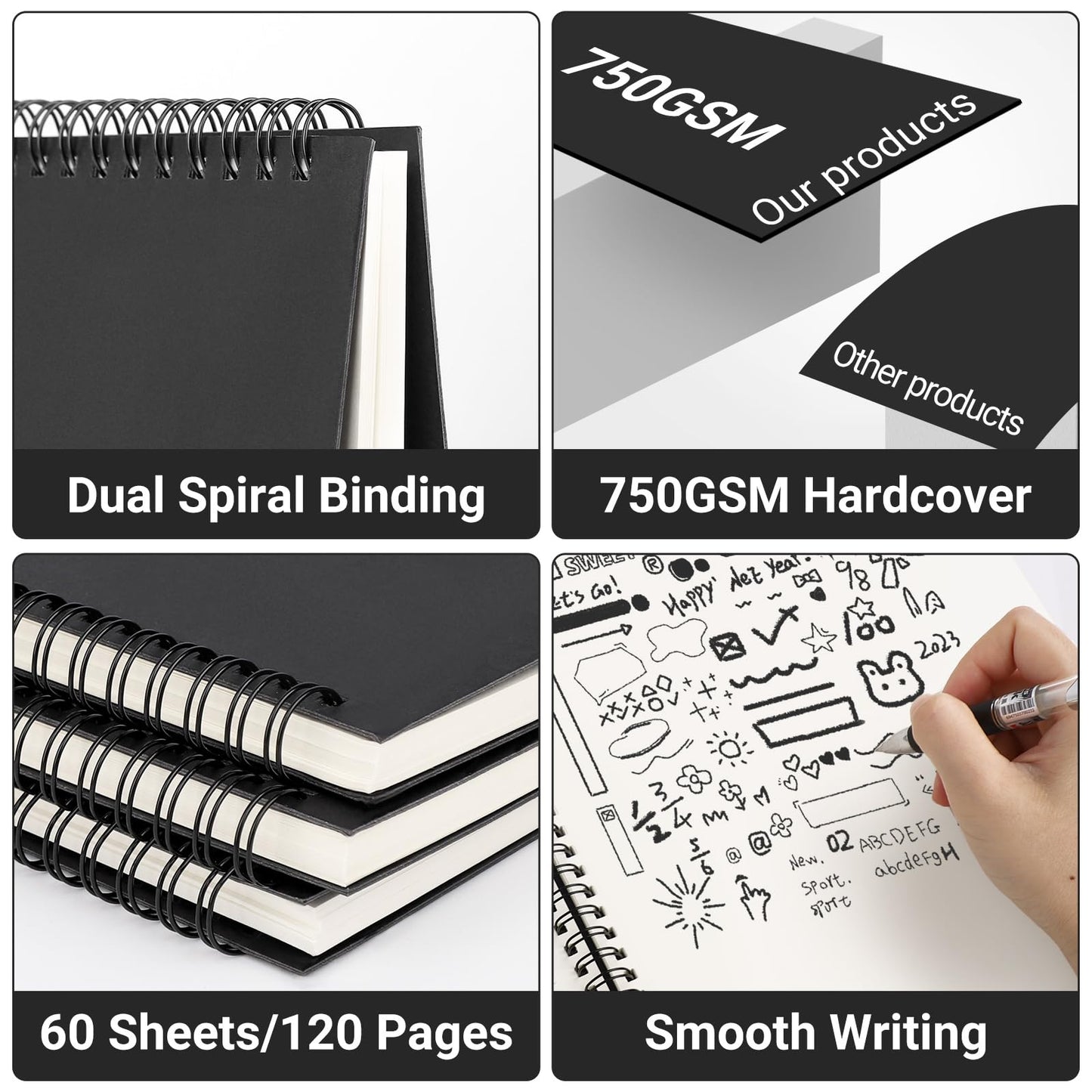EUSOAR Blank Spiral Notebook, A4 3 Packs 8.5"x 11" Hardcover Blank Kraft Sketch Notebook Bulk，College Wirebound Memo Notepads Diary Planner Notebook Journal with Unlined Paper 120pages/60sheets