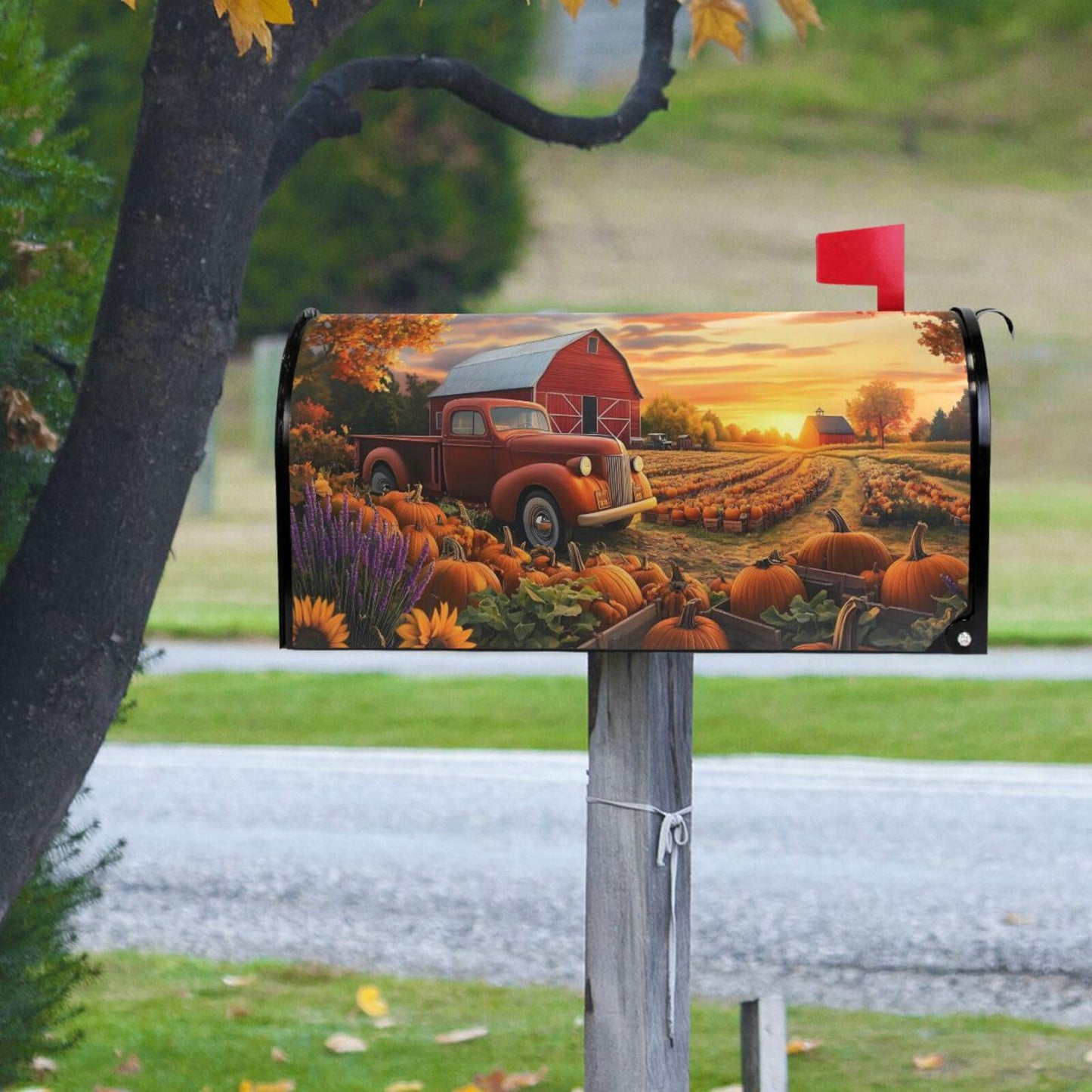 Red Truck Fall Autumn Field Magnetic Mailbox Cover MailWraps Garden Yard Home Decor for Outside Standard Size-18"x 20.8"