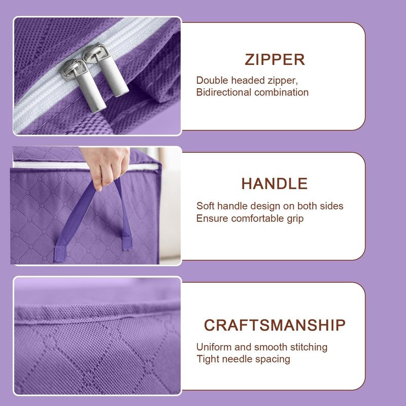 Clothes Storage Bags 2Pcs, Foldable Comforters Storage Containers with Handle, Organizers Bins for Bedding, Pillows and Blanket(Purple)